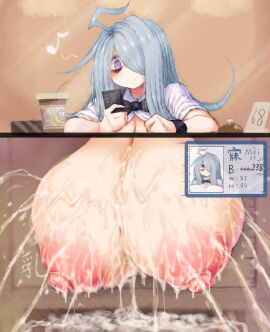 1girls 2b213 6+boys after_paizuri areolae bell big_breasts black_eyes blue_hair blush breast_expansion breast_growth breast_growth_(enlargement) breasts breasts_bigger_than_head bukkake cleavage cum cum_between_breasts cum_drip cum_on_body cum_on_breasts drink female gangbang gigantic_breasts grey_hair hair_over_one_eye hi_res highres holding_object huge_breasts hyper_breasts large_breasts long_hair male mei_(2b213) motion_lines nipples open_clothes open_shirt original original_character penis phone pov school_uniform screen sex sitting smile stealth_sex straight unaware white_shirt