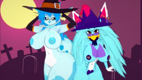 2girls 3d 3d_model anthro anthro_only blue_body blue_nipples eeveelution female furry furry_female furry_only halloween halloween_costume halloween_theme katress koikatsu koikatsu! nipple_piercing nipples nude pal_(species) palworld piercing pokemon pokemon_(species) purple_nipples splash_(vap_enjoyerts) splashnsfw vaporeon