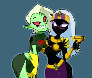 5_fingers alien alien_humanoid black_body black_skin bottomwear breast_squish breasts clothed clothing crossover disney disney_channel disney_xd duck_dodgers duo eye_contact eyebrows female fingers flowerpigeon73 freckles genitals gloves green_body green_skin grin hair handwear humanoid humanoid_pointy_ears ineffective_clothing leaning leaning_forward long_hair looking_at_another lord_dominator martian midriff mouthless navel nipples noseless purple_eyes pussy queen_tyr'ahnee shoulder_grab smile squish teeth topwear translucent translucent_clothing wander_over_yonder white_hair