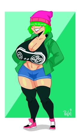 1girls big_breasts breasts female green_hair huge_breasts moni_peiper solo tagme tagme_(artist) thick_thighs twitter_link