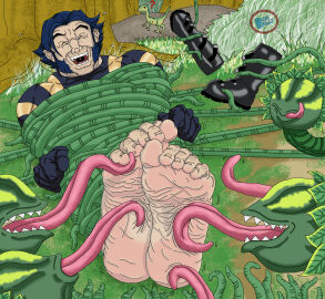 artist_logo closed_eyes dinosaur feet foot_fetish foot_focus james_howlett licking_feet logan_(x-men) lovemybluebully male male_feet male_foot_fetish male_only marvel marvel_comics no_visible_genitalia plants restrained shoes_removed solo solo_male tickling tickling_feet vines wolverine_(x-men) x-men x-men_evolution