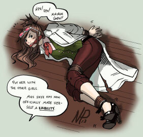 1girls annoyed annoyed_expression ball_gag bondage bound capcom clothed ema_skye eyewear eyewear_on_head female fully_clothed gagged gagged_speech gyakuten_saiban hands_behind_back hands_tied heartgear high_heels kidnapped kidnapping labcoat legs_tied on_floor on_side solo tied tied_up