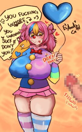 blushed_face clown_girl clussy elawaxd heterochromia pink_hair pixelated_penis puppet