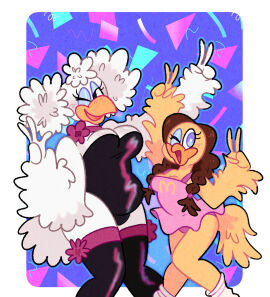 2025 2d 2d_(artwork) 2d_artwork 2girls alternate_version_at_source anthro avian bird bird_girl birdie_the_early_bird blue_eyeshadow breasts canary chicken chubby chubby_female chuck_e_cheese_(franchise) clothed clothed_female digital_art digital_drawing_(artwork) digital_media_(artwork) dress duo female furry furry_female galliform gallus_(genus) helen_henny leggings mascot mcdonald's peace_sign phasianid small_breasts smaller_female tagme thick thick_thighs thighs tiddygoat twintails white_feathers white_hair wink winking yellow_feathers
