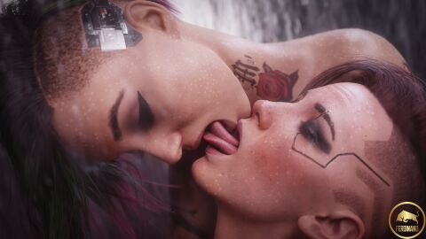 2girls 3d closed_eyes cyberpunk_2077 female female_only ferdinand_(artist) french_kiss judy_alvarez kissing passionate passionate_kiss shower showering tongue tongue_kiss v_(cyberpunk_2077) valerie_(cyberpunk_2077) water yuri