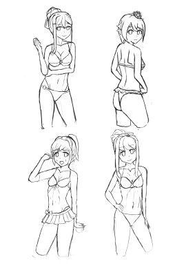 4girls ass bikini bikini_bottom bikini_top black_and_white breasts cleavage doki_doki_literature_club female female_only human monika_(doki_doki_literature_club) monochrome multiple_females multiple_girls natsuki_(doki_doki_literature_club) navel nowaifusnolaifus sayori_(doki_doki_literature_club) sketch swimsuit swimwear yuri_(doki_doki_literature_club)