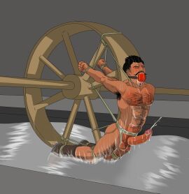 1boy abs armpit_hair arms_behind_back ass ball_gag balls bara biceps big_balls big_penis black_hair bondage boots chest_hair closed_eyes completely_nude cum cumshot dark-skinned_male dark_hair dark_skin dorian_pavus dragon_age dragon_age_inquisition erect_penis erection facial_hair gag gagged gagged_male gagging gay_male hairy_chest human literaturabdsm mage male male_only male_pubic_hair male_ryona malesub moustache muscles muscular muscular_male naked naked_boots naked_footwear naked_male nipples nude nude_male pecs penis pubic_hair solo solo_male torture_device video_games water water_wheel wet wet_body wheel yaoi