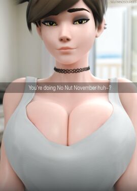 1girls 3d accessory big_boobs big_breasts big_tits boobs breasts british_female brown_hair caption choker cleavage earring earrings eyeliner eyeshadow female female_focus female_only huge_boobs huge_breasts huge_tits large_breasts lena_oxton light-skinned_female light_skin lips looking_at_viewer makeup no_nut_november overwatch overwatch_2 selfie selfmindsources short_hair smirk snapchat solo solo_female solo_focus teasing text tits tomboy topwear tracer yellow_eyes