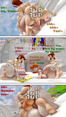 1up 2boys 2girls 3d all_fours ass ass_grab balls ballsack big_ass big_balls big_breasts blonde_hair breasts brown_hair castle dialogue doggy_style enormous_ass enormous_balls enormous_breasts facial_hair fat_ass female genitals gigantic_ass gigantic_balls gigantic_breasts huge_ass huge_balls huge_breasts large_ass large_balls large_breasts legs_up light-skinned_female light-skinned_male light_skin luigi lying_on_back male male/female mario mario_(series) massive_ass massive_balls massive_breasts moustache muscular muscular_male mxp1985 nintendo nipples nude nude_female nude_male orange_hair outdoors outdoors_sex penis penis_in_pussy princess princess_daisy princess_peach pussy royalty sex straight straight_sex testicles text thick_thighs thunder_thighs