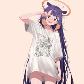 @_@ absurdres alternate_costume bad_link blue_eyes blush bottomless center-flap_bangs cleft_of_venus cowboy_shot embarrassed female full-face_blush halo hand_up highres hololive hololive_english hololive_myth long_hair looking_at_viewer messy_hair naked_shirt ninomae_ina'nis one_eye_closed orange_hair oversized_clothes oversized_shirt peanut_mouth print_shirt purple_hair pussy rubbing_eyes shirt simple_background single_off_shoulder solo straight-on t-shirt takokatsu tentacle_hair traditional_halo very_long_hair virtual_youtuber white_shirt