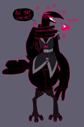 anthro arm_tuft avian beak belt big_beak big_hands biped bird black_body black_clothing black_feathers black_robe blush blush_lines breath chest_tuft closed_eyes clothing corvid corvus_(genus) crow dialogue digitigrade english_text eyelashes feathers featureless_chest feet female flower_symbol flustered_female genitals heart_symbol hearts_around_head hip_tuft hood_down hooded_robe huge_hands humanoid_genitalia humanoid_vulva laugh long_eyelashes motion_lines non-mammal_vulva open_mouth oscine outline passerine pepper_(proxicute) pink_outline proxicute pussy robe shoulder_tuft simple_background skull_accessory slim_female small_waist smile solo speech_bubble tail tail_motion tailwag talons text thick_thighs toes tongue tuft vulva wasp_waist white_tongue wide_hips winged_hands