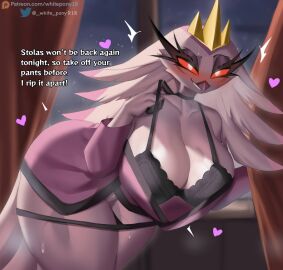 18_(artist) anthro avian beak big_breasts bird blush breasts breasts_bigger_than_head clothed clothing crown demon feathers female headgear heart_symbol helluva_boss hi_res owl owl_demon smile solo stella_(helluva_boss) text thick_thighs white_body