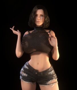 1girls 3d 3d_(artwork) alternate_breast_size bare_midriff bare_stomach black_background black_hair black_jean_shorts black_shorts breasts brunette brunette_hair caucasian caucasian_female clothed clothed_female denim_shorts female female_only fishnet_tank_top fishnet_topwear fishnets front_view ghost_lips hair hips hourglass_figure huge_breasts human jean_shorts kate_beckinsale light-skinned_female light_skin medium_hair mesh_shirt midriff navel nipples nipples_visible_through_clothing ripped_clothing ripped_shorts see-through see-through_clothing selene_(underworld) short_shorts shorts sleeveless solo solo_female standing tank_top thighs torn_shorts underworld upper_body vaako vampire_girl wide_hips
