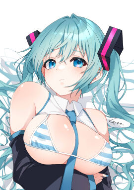 alternate_costume anzu_(x_anzu_ill) arms_crossed arms_crossed_under_breasts bikini blue_eyes blue_hair blue_nails breasts clothed collared_bikini colored_nails crossed_arms detached_collar detached_sleeves female hatsune_miku hatsune_miku_(collared_bikini) looking_at_viewer meme_attire micro_bikini necktie necktie_between_breasts painted_nails pout solo striped_bikini striped_bra stripes twintails vocaloid watermark white_background