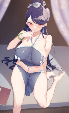 absurdres bangle barefoot blurry blurry_foreground bracelet cloba closed_mouth collarbone commentary covered_nipples earrings feet female floral_print hair_ornament hand_up high_ponytail highres jewelry kusuriya_no_hitorigoto lihua_(kusuriya_no_hitorigoto) long_hair looking_at_viewer navel pelvic_curtain ponytail purple_hair pussy red_eyes see-through_clothes sitting swept_bangs tassel tassel_earrings thighs very_long_hair