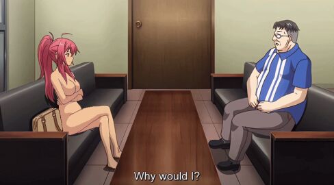 1boy 1girls animated anime_screenshot clothed_male_nude_female convenience_store english_text fat_male female glasses konbini_shoujo_z male naked nude nude_female ponytail red_eyes red_hair tan tan_skin text ugly_bastard