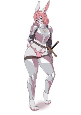 bulge feet femboy knight male metal_armor pink_eyes pink_hair pink_panties solo sword underwear white_fur yonooshi
