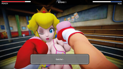 1boy 1girls 3d bikini black_eye blocking boxing boxing_gloves boxing_ring crown curvy curvy_female dialogue earrings female female_focus fight fighting light-skinned_male light_skin male male_pov mario_(series) mmd pink_bikini pink_boxing_gloves pov princess princess_peach red_boxing_gloves strong_female swimsuit text ultimabox wink