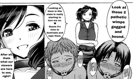 1girls 2boys audience bad_photoshop big_breasts black_and_white black_hair bondage breasts brown_hair dominant_female dominatrix english english_text evil_smile female femdom gag gagged male malesub monochrome pigtails samejima_reona short_hair submissive_male third-party_edit viewer yankee_jk_kuzuhana_chan