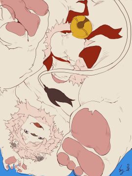 1boy animal_ears balls bell belly blue_background chinese_commentary claws commentary_request completely_nude fat flaccid from_below furry furry_male highres jingle_bell leo_von_narcis lion_boy lion_ears lion_mane lion_tail looking_at_viewer male male_focus nude open_mouth pawpads penis small_penis smile solo tail testicles xxl_woofia yxiujiad