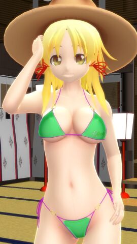 1girls 2023 3d belly_button bikini blonde-haired_female breasts brown_eyes deity female god green_bikini hat hati_yukkuri_mmd indoors lamp light-skinned_female light_skin mmd mountain_of_faith one_arm_up red_knot short-haired_female solo_female solo_focus suwako_moriya swimsuit touhou
