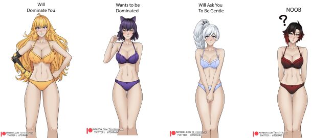 4girls alternate_version_available artist_name big_breasts black_hair blake_belladonna blonde_hair blue_eyes blush blushing_at_viewer bob_cut bra braided_ponytail breasts cat_ears compilation english_text faunus female female_focus female_only fit fit_female front_view full_color light-skinned_female light_skin long_hair medium_breasts meme multiple_females multiple_girls panties ponytail purple_eyes purple_underwear red_highlights red_underwear robotic_arm rooster_teeth ruby_rose rwby short_hair silver_eyes sisters sisters_(lore) small_breasts tan-skinned_female team_rwby teenage_female teenager tehshraid text underwear underwear_only want_to_be_dominated_/_will_dominate_you_(meme) wavy_hair weiss_schnee white_background white_hair white_underwear yang_xiao_long yellow_eyes yellow_underwear