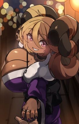 1boy 1girls aife_(zanamaoria) big_horns blonde_hair breasts brown_hair cleavage curved_horns dark-skinned_female dark_skin female hair_on_horn hand_holding hi_res horns huge_breasts light-skinned_male light_skin long_hair looking_at_viewer male male_pov original original_character pink_eyes pov pov_eye_contact shortstack smile smiling_at_viewer tan tan-skinned_female tanned_skin two-tone_hair zanamaoria