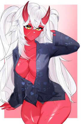 akumi bangs breasts cleavage closed_mouth collarbone collared_shirt cowboy_shot demon demon_girl eyebrows_visible_through_hair female glasses hair_between_eyes horns large_breasts long_hair long_sleeves looking_at_viewer medium_breasts oni oni_horns pencil_skirt red_skin shirt sitting skin-covered_horns skirt sleeves_past_wrists solo thighs virtual_youtuber vyugen white_hair yellow_eyes