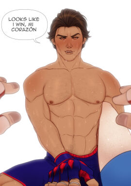 brown_hair chest english_text fingerless_gloves happy_trail light_skin male male_focus marvel marvel_comics miguel_o'hara muscular muscular_male no_visible_genitalia oc orange_eyes perspective speech_bubble spider-man:_across_the_spider-verse spider-man_(series) sweat t-m-wolf white_background wrestling