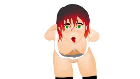 artist_request breasts female freckles green_eyes hanging_breasts loose_shirt medium_breasts medium_hair pink_pussy pussy red_hair saliva saliva_trail thick_thighs thighhighs tongue tongue_out white_background