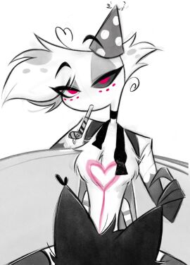 angel_dust_(hazbin_hotel) arm_warmers birthday birthday_gift birthday_hat couch fellatio gay gloves hazbin_hotel husk_(hazbin_hotel) implied_fellatio implied_oral male nerime noisemaker offscreen_character oral oral_sex party_hat party_horn sitting stockings whore_eyes