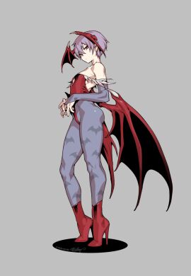 1girls 2022 bat_print blue_pantyhose capcom darkstalkers demon female female_only fishine flat_chest full_body gauntlets grey_background head_wings heel_boots hi_res legs leotard lilith_aensland looking_at_viewer narrowed_eyes pantyhose pointy_ears purple_hair red_eyes short_hair solo succubus succubus_wings unamused wings