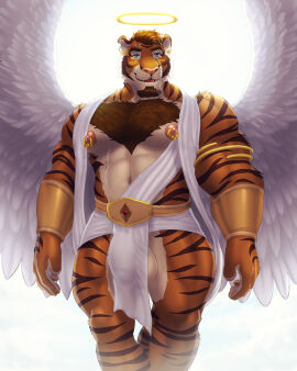 4:5 angel anthro balls beard biceps blue_eyes body_hair brown_hair bulge chest_hair countershading deltoids detailed_bulge dream_and_nightmare ear_piercing facial_hair feathered_wings feathers felid flaccid foreskin fur genital_outline genitals gold_(metal) hair halo hi_res humanoid_genitalia humanoid_penis male mammal muscular muscular_male night_(dream_and_nightmare) nipple_piercing nipples orange_body orange_fur pantherine pecs penis penis_outline piercing quads solo striped_body striped_fur stripes tiger uncircumcised wings