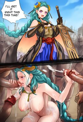 ai_generated another_eden bukkake cum_in_mouth cum_on_breasts cum_on_face cynthia_(another_eden) defeated_heroine gangbang gangrape gokkun instant_loss instant_loss_2koma large_breasts novelai