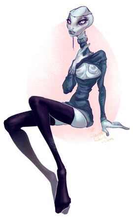 1girls 2d alien alien_girl alien_humanoid arm_up bald bald_female black_legwear black_sclera breasts breasts_out cleavage_cutout color eyes female female_only grey_skin kaminoan laurlaur looking_at_viewer medium_breasts nipples open_eyes pinup pose shirt side_view simple_background sitting skinny slim_waist small_breasts solo star_wars stockings sweater taun_we thighhighs thighs turtleneck turtleneck_sweater url watermark