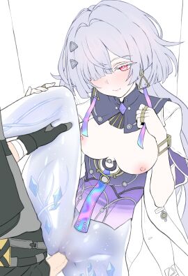 1boy absurdres alternate_breast_size_(larger) black_gloves blush breasts breasts_apart breasts_out censored clitoris closed_mouth colored_eyelashes commentary daram_(shappydude) dress earrings female flat_color gloves grey_hair hair_intakes hair_ornament hair_over_one_eye hand_up hands_up highres jacket jewelry leg_lift long_hair male_rover_(wuthering_waves) medium_breasts mornye_(wuthering_waves) mosaic_censoring multiple_rings nipples penis prosthesis purple_dress pussy red_eyes ring rover_(wuthering_waves) see-through_body sex solo_focus straight thighs triangle_earrings unfinished vaginal_penetration white_jacket wuthering_waves