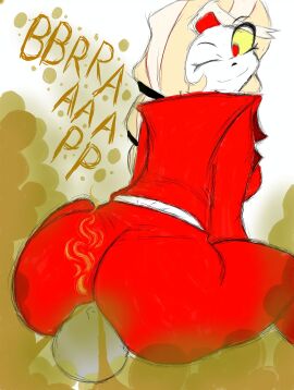 1boy 1girls anon ass ass_on_face big_ass big_butt blonde_hair charlie_morningstar_(hazbin_hotel) faceless_male facesitting fart fart_cloud fart_fetish farting farting_in_face female hazbin_hotel looking_back looking_back_at_another looking_back_at_partner male nightmaresfd one_eye_closed rear_view red_eyes smile viewed_from_behind white_background white_skin