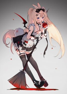 1girls alternate_costume apple apron bare_shoulders bat_wings big_breasts black_dress black_footwear black_legwear black_wings blonde_hair blue_eyes bow breasts bunny_ears bunny_girl choker cleavage dress female food frills fruit full_body garter_straps gradient gradient_background grey_background hair_bow hair_ornament hair_ribbon high_heels holding large_breasts long_hair looking_at_viewer maid medium_breasts open_mouth ribbon shoes solo standing tail thighhighs twintails umbrella very_long_hair virtual_youtuber vyugen waist_apron white_bow wings yenko yenkoes
