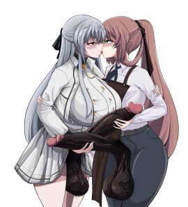 2futas balls big_balls breasts brown_hair clothed clothing dark_penis duo erection frottage futa_only futanari grey_hair hand_on_penis hasuyog huge_cock human intersex kissing light-skinned_futa light_skin long_hair mostly_clothed penis red_hair standing wgbd