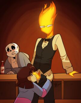 1girls 2019 2boys animated_skeleton blowjob blush bow_tie brown_hair female female_frisk fire frisk glasses grillby ketchup_bottle male orange_penis penis rexphilia sans undertale undertale_(series) undertale_fanfiction