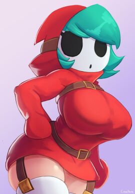 1girls belt big_breasts big_thighs breasts cranihum curvy cyan_hair female female_only higher_resolution_available hoodie mario_(series) mask masked nintendo red_clothing shy_gal shy_gal_red solo tagme thick_thighs thighs