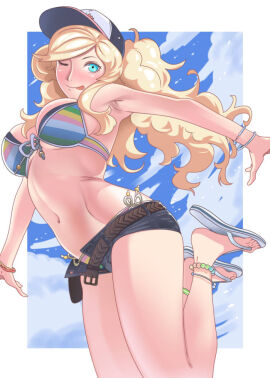 1girls anklet ann_takamaki baseball_cap bead_anklet belt bikini bikini_under_clothes blonde_hair blue_eyes bracelet breasts clouds female female_only flip_flops fully_clothed jean_shorts large_breasts looking_at_viewer midriff multicolored_bikini multicolored_swimsuit navel ootsuki_yui_(cosplay) open_fly open_shorts outside persona persona_5 revealing_clothes sandals short_shorts shorts side-tie_bikini side-tie_swimsuit sky swimsuit swimsuit_under_clothes twintails urbatman