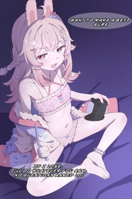 :3 ahoge animal_ears animal_print anklet armpits bare_legs bare_shoulders barefoot bed_sheet blue_bow bow bow_panties braid breasts collarbone controller criss-cross_halter dot_nose double-parted_bangs ear_bow english_text female flat_chest frilled_panties frilled_straps frilled_tank_top frills fur-trimmed_hoodie fur_trim furrowed_brow game_controller hair_ornament hairbow halterneck heart-shaped_ornament holding holding_controller holding_game_controller hood hoodie hoodie_partially_removed jewelry knees_apart_feet_together light_blush long_hair long_sidelocks long_sleeves looking_at_viewer multicolored_hoodie multiple_hair_bows navel off_shoulder on_bed onion_(tamanegi) oversized_clothes panties phase_connect phase_origins pink_bow pink_eyes pink_hair pink_nails pink_panties pink_tank_top pipkin_pippa pom_pom_(clothes) rabbit_ears rabbit_girl rabbit_hair_ornament rabbit_print sidelocks single_bare_arm single_sleeve_past_fingers sitting small_breasts smile smug solo speech_bubble spread_legs star_ornament striped_clothes striped_hoodie tank_top tongue twin_braids two_side_up underwear virtual_youtuber vtuber x_x yellow_bow yume_kawaii