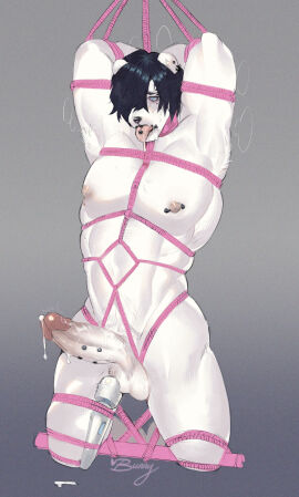 1boy 2d anthro arms_above_head arms_tied balls bear big_penis blue_eyes bodily_fluids bondage bound bunny_(milkbearbunny) digital_media drooling frenum_ladder full_body fur furry genital_piercing genitals grey_background hi_res kneeling legs_tied male male_only mammal milkbearbunny muscular muscular_anthro muscular_male nude nude_anthro nude_male original penile penis penis_piercing piercing restraints rope rope_bondage rope_harness saliva sex_toy simple_background solo submissive submissive_anthro submissive_male testicles tongue tongue_out tongue_piercing vibrator vibrator_on_balls vibrator_on_penis wand_vibrator white_body white_fur