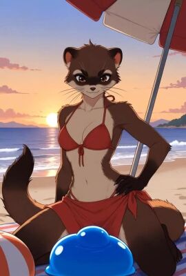 ai_generated anthro beach bikini body_invasion brown_eyes brown_fur female ferret ferret_girl furry grok inflation shorter_than_10_seconds slime slime_inflation sound sunset tagme two_tails video