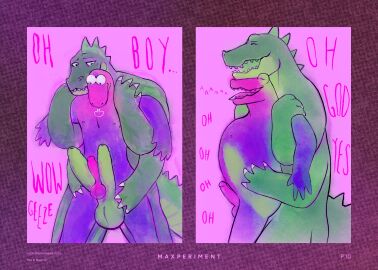 2025 2_penises 4_arms anthro balls bulging_eyes claws closed_eyes crocodile crocodilian dialogue diphallia diphallism dr_crocovile_(sharkinthepark) duo finger_claws frottage genitals hi_res holding_arms male max_(maxmulticroc) moan multi_arm multi_genitalia multi_limb multi_penis multiple_penetration open_mouth overwhelmed penile penis pink_background reptile scalie sex sharkinthepark simple_background tail tongue