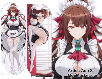 ads_s breasts brown_hair dakimakura dakimakura_design detached_sleeves female large_breasts long_hair maid_apron maid_headdress maid_uniform moemarket ore_wa_seikan_kokka_no_akutoku_ryoushu oreaku smile white_thighhighs