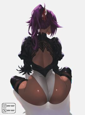 1girls 2b_(nier:automata) absurdres ass back_cutout black_thighhighs bleach clothing_cutout commentary cosplay dark-skinned_female dark_skin english_commentary facing_away from_behind highleg highleg_leotard highres instagram_username izei1337 juliet_sleeves leotard long_hair long_sleeves median_furrow nier:automata nier_(series) ponytail puffy_sleeves purple_hair shadow shihouin_yoruichi simple_background sitting solo thighhighs thighs toned toned_female twitter_username white_background white_leotard yellow_eyes