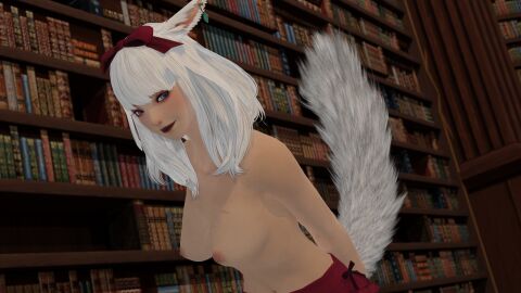 1girls 3d 4k blender blender_(software) blender_cycles blue_eyes breasts breasts_out cat_ears cat_tail featherbrew female final_fantasy_xiv highres kemonomimi miqo'te smile solo solo_focus tail topless white_hair white_tail