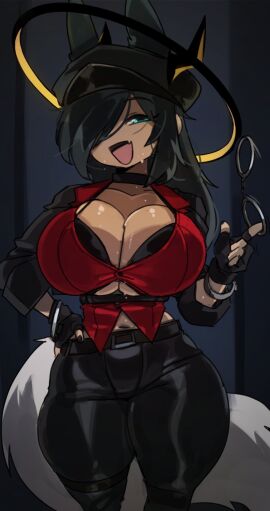 1girls big_breasts black_hair blue_eyes breasts female female_only fluffy_tail fox_ears fox_girl hair_over_one_eye hand_on_hip handcuffs headwear hi_res long_hair looking_at_viewer narrowed_eyes smiling smiling_at_viewer solo tagme tail thick_thighs zanamaoria